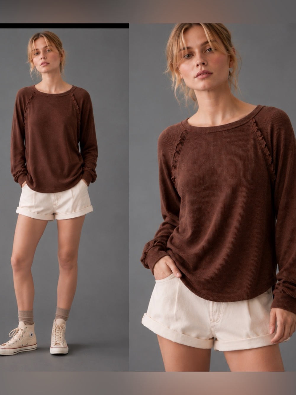 Anthropologie Pilcro Ruffled Raglan Thermal Top – Brown